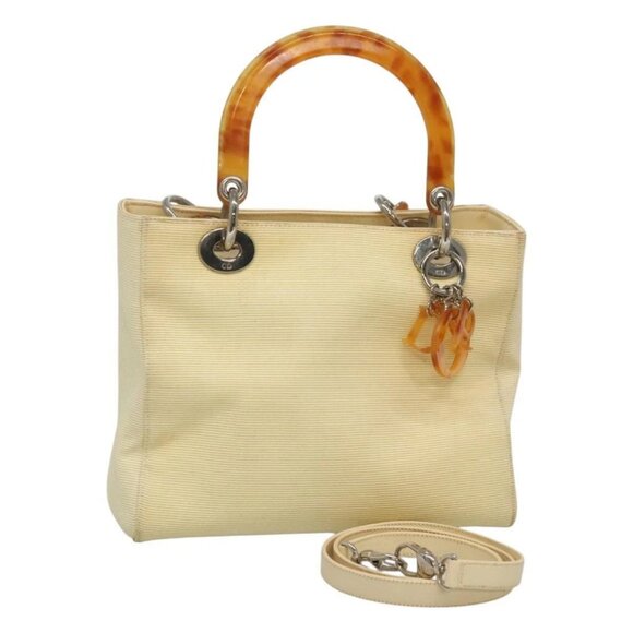 Christian Dior Lady Dior Hand Bag Canvas 2way Beige